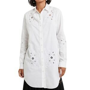 Desigual S White Garona Oversized Button Front Shirt Embroidered Detail *flaw